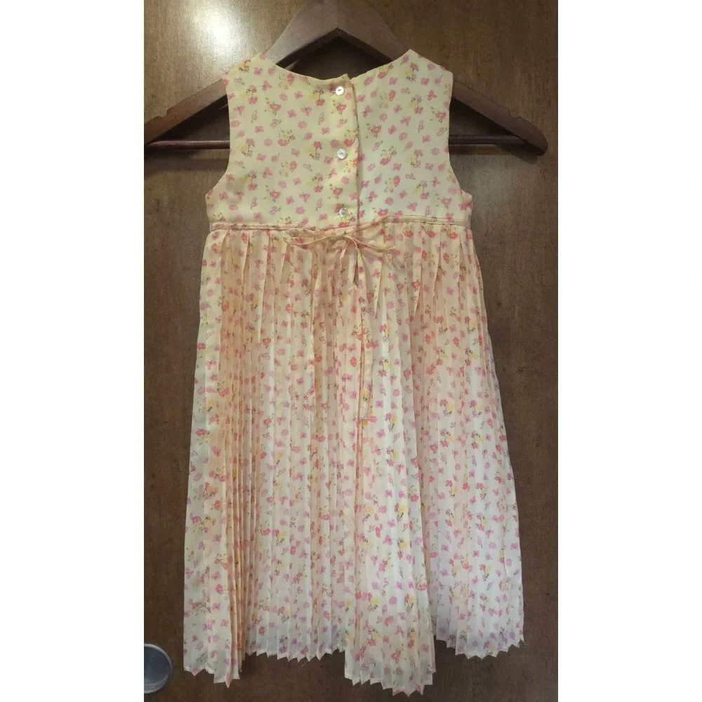 Laura Ashley Girls Yellow Pink Floral Pleated Empire Waist Dress 4T Sleeveless